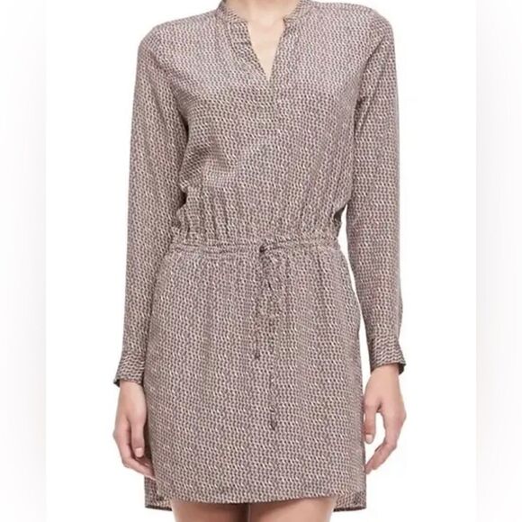 Vince Silk Diagonal Print Drop Waist Drawstring Long Sleeve Shirt Dress - Picture 1 of 7